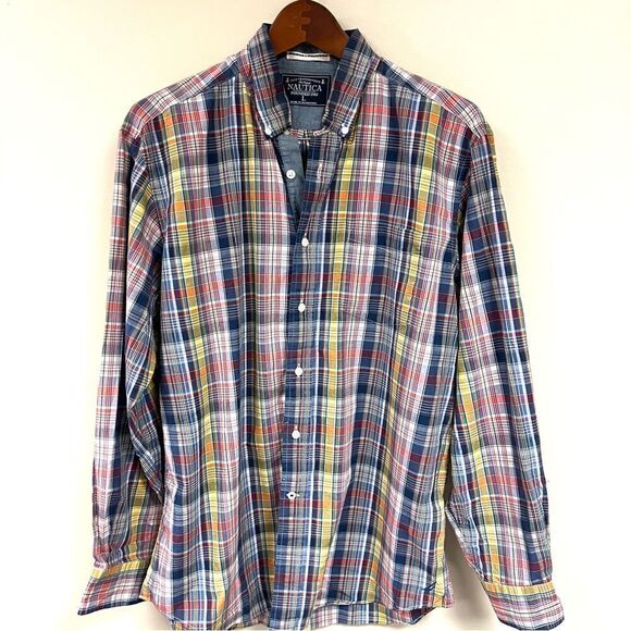 Nautica multicolored plaid cotton button down size L - Picture 1 of 5